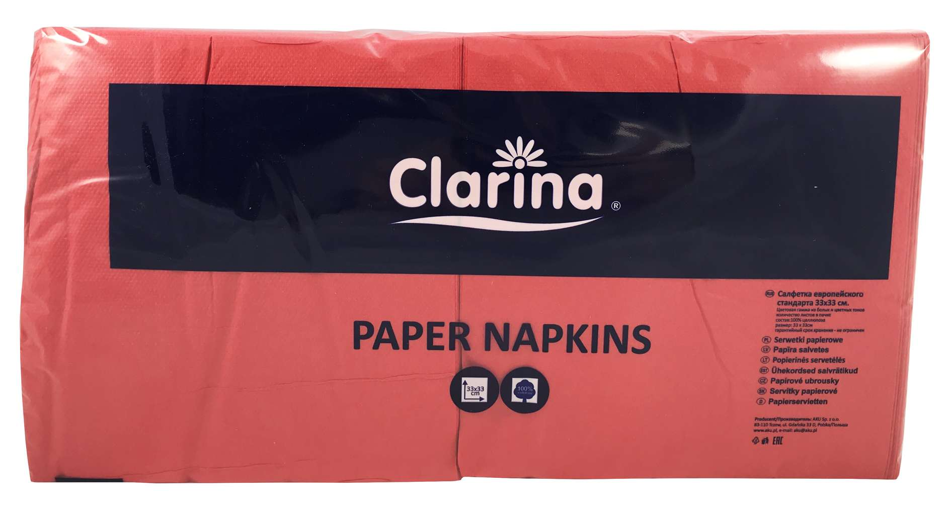 Serwetki papierowe Clarina 33x33 cm czerwone, opakowanie 500 sztuk.