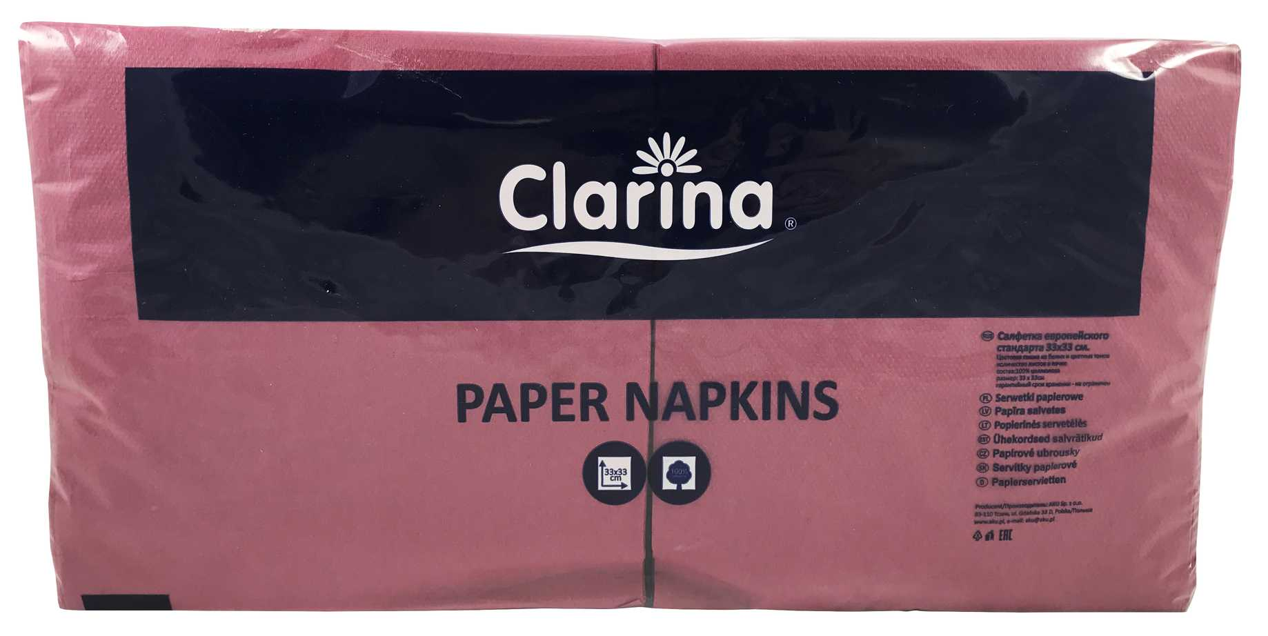 Serwetki papierowe Clarına koloru bordo 33x33 cm 500 sztuk jednowarstwowe