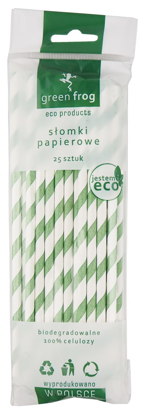 Słomki papierowe Green Frog 25 sztuk w paski zielono-białe, biodegradowalne 100% celulozy.