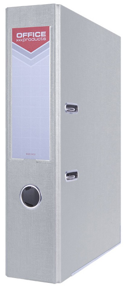 Segregator A4 70 mm matowy szary Office Products z metalowymi zatrzaskami i wymienną etykietą grzbietową.
