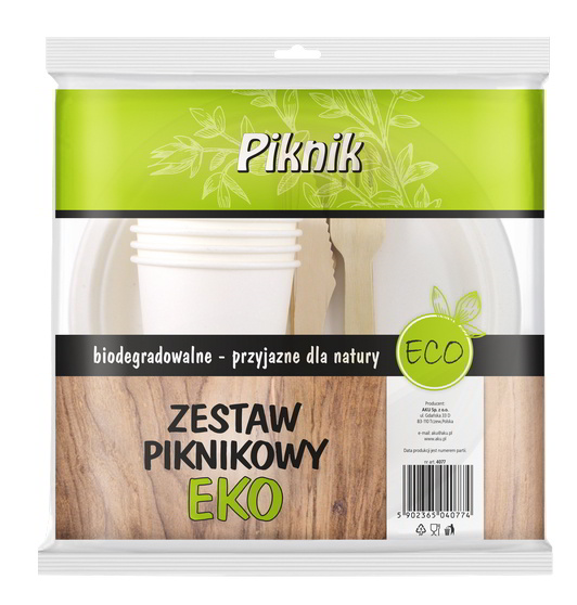 Praktyczny zbiór produktów jednorazowych na grilla, w pełni biodegradowalnych, przyjaznych dla natury, w opakowaniu znajdują się: Talerz z pulpy celulozowej x 4szt. Nóż drewniany x 4szt. Widelec drewniany x 4szt. Kubek papierowy 200ml  x 4szt.         ...