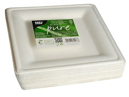 Talerz z trzciny cukrowej Kwadrat 20/20 Talerz kwadratowy 20x20 cm z trzciny cukrowej Pure, jednorazowy, w opakowaniu zbiorczym.