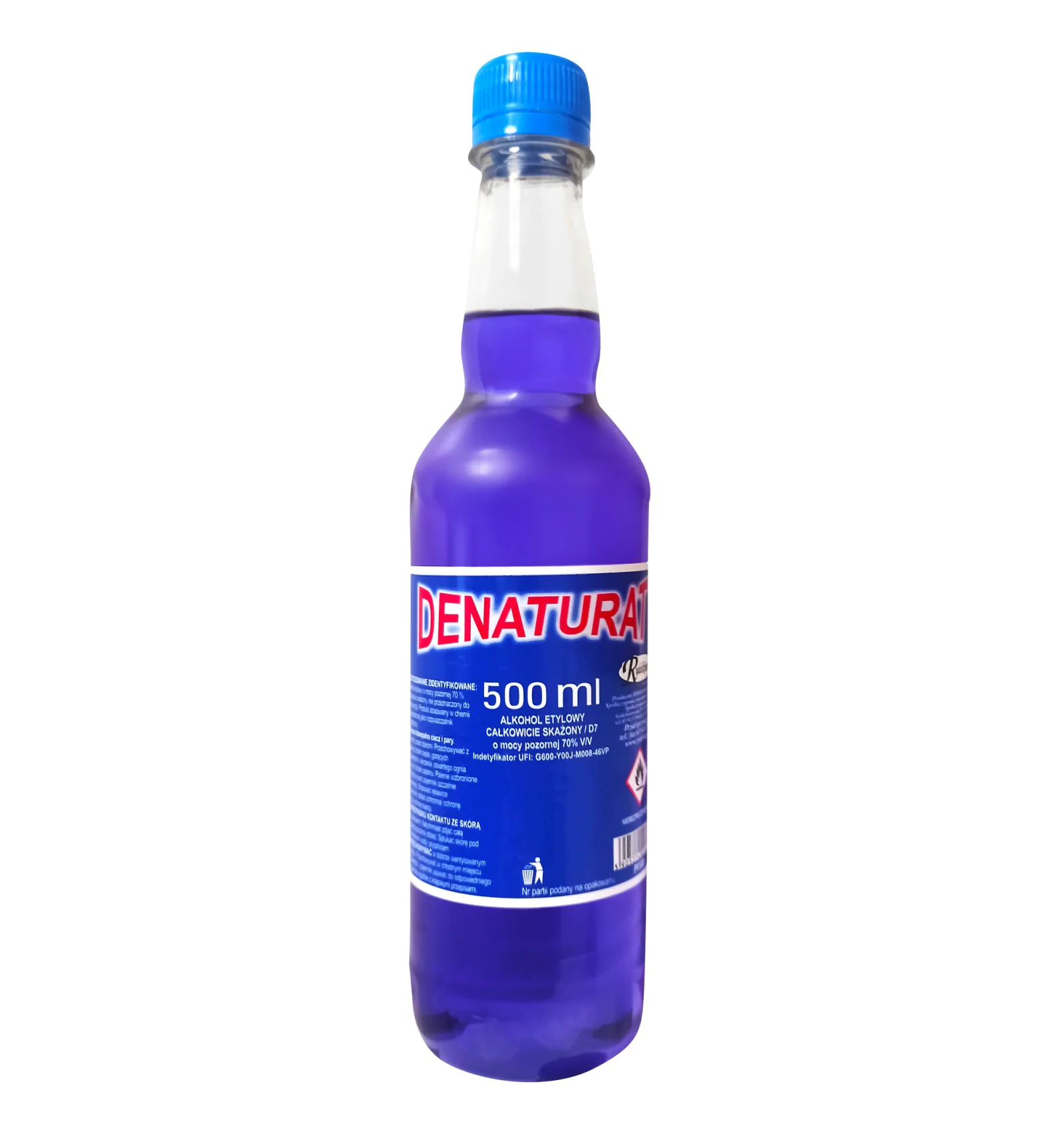 Denaturat alkohol etylowy skażony 500ml butelka plastikowa z niebieską etykietą, zawartość fioletowa.