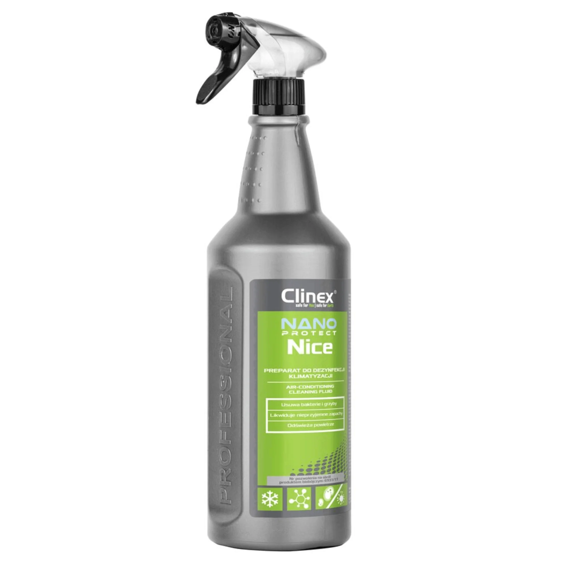 Preparat do dezynfekcji klimatyzacji Clinex Nano Protect Nice 1L w plastikowej butelce ze spryskiwaczem na białym tle.