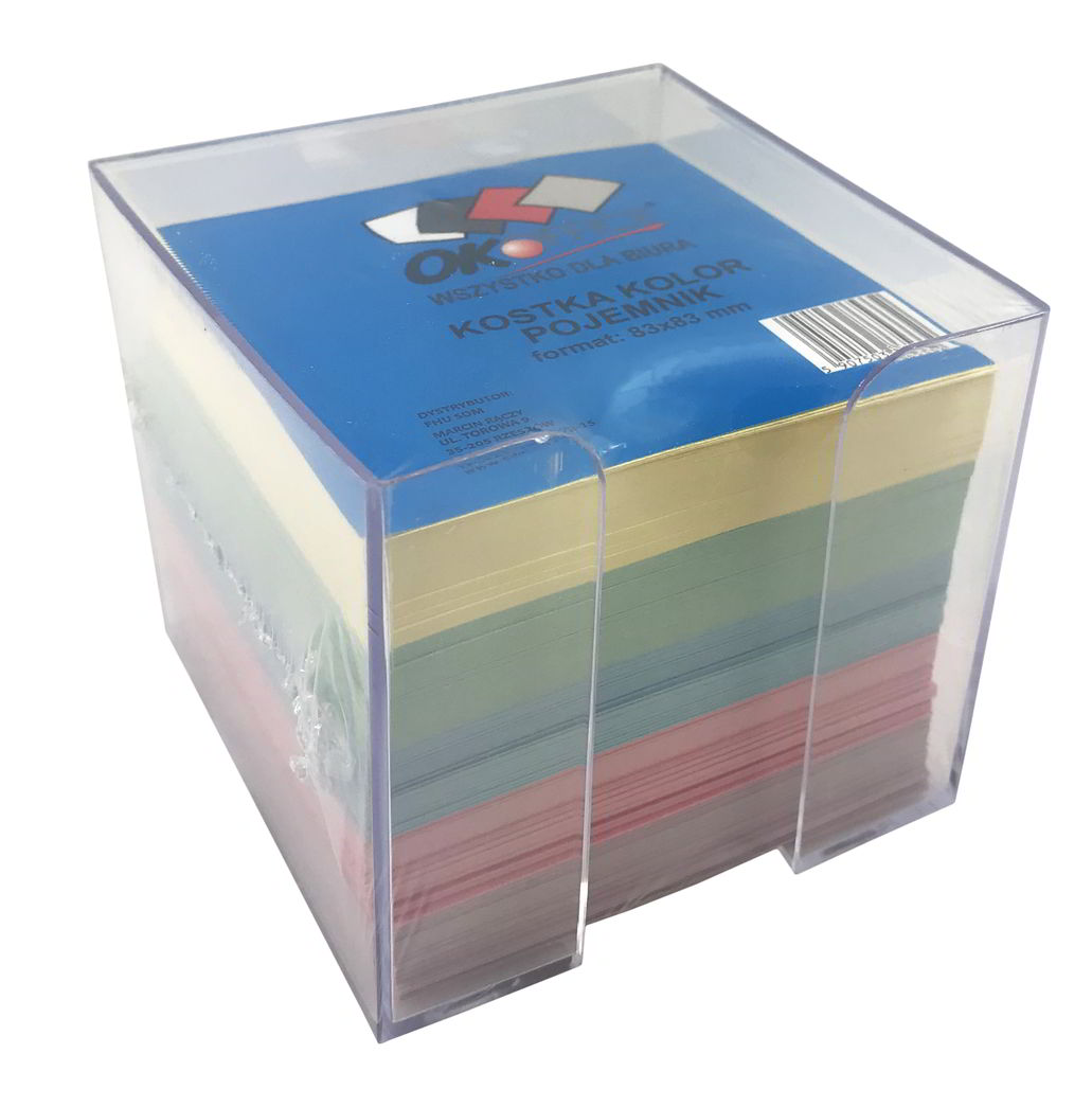 Kostka biurowa kolor w pudełku Kostka biurowa kolor w pudełku, wymiary pojemnika: (92x92x82mm), wymiary karteczki: (83x83mm). Wysokość kostki: 75mm. Stabilny pojemnik wykonany z przezroczystego tworzywa.