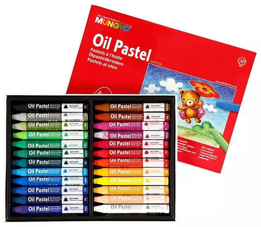 Pastele olejne o przekroju trójkątnym ułatwiającym chwyt. Papierowe owijki w kolorze pasteli. Przeznaczone głównie dla dzieci. Nietoksyczne. Opakowanie zawiera: 24szt.