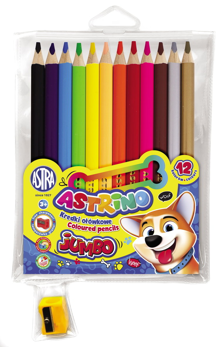 Kredki ołówkowe Jumbo Astra 12 kolorów w drewnie z temperówką, opakowanie blister.