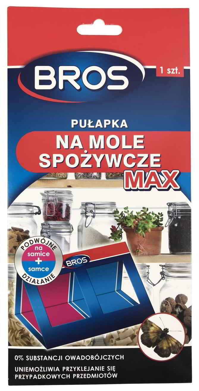 Pułapka na mole spożywcze BROS MAX, opakowanie pojedyncze z przyciskami do zastawienia.