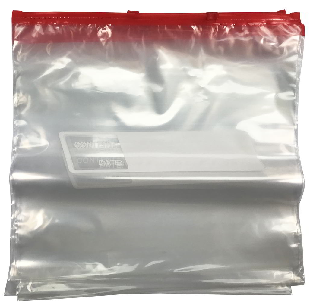 Worki na mrożonki z suwakiem 1,5L 16szt. 20x20 z polem do pisania Worki na mrożonki z suwakiem 1,5L 16 sztuk 20x20cm, przezroczyste z czerwonym paskiem i polem do pisania.