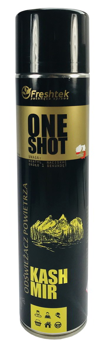 Odświeżacz Freshtek Kashmir 600ml One Shot w aerozolu na białym tle.