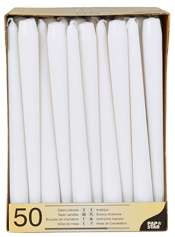 Świeca stożkowa biała 25cm, fi 2,2mm, pakowanie 50 sztuk w pudełku