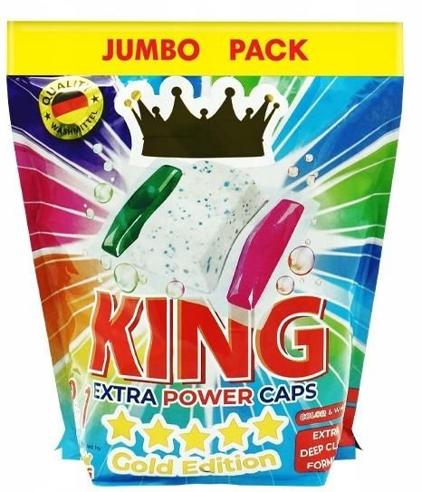Opakowanie kapsułek do prania King Extra Power Caps 3w1 60 szt., Jumbo Pack, Gold Edition na białym tle.
