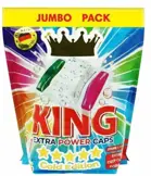 Opakowanie kapsułek do prania King Extra Power Caps 3w1 60 szt., Jumbo Pack, Gold Edition na białym tle.