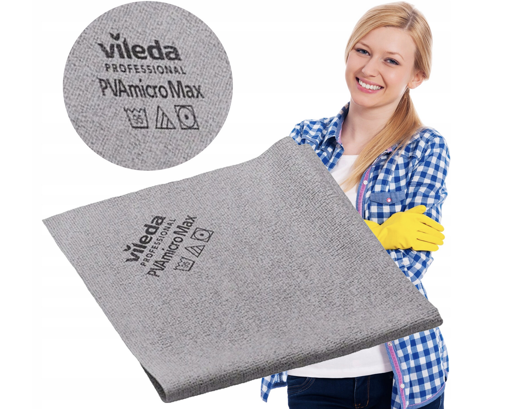 Ścierka Vileda PVAmicro MAX szara 44x50 cm, prezentowana przez kobietę w rękawiczkach ochronnych.