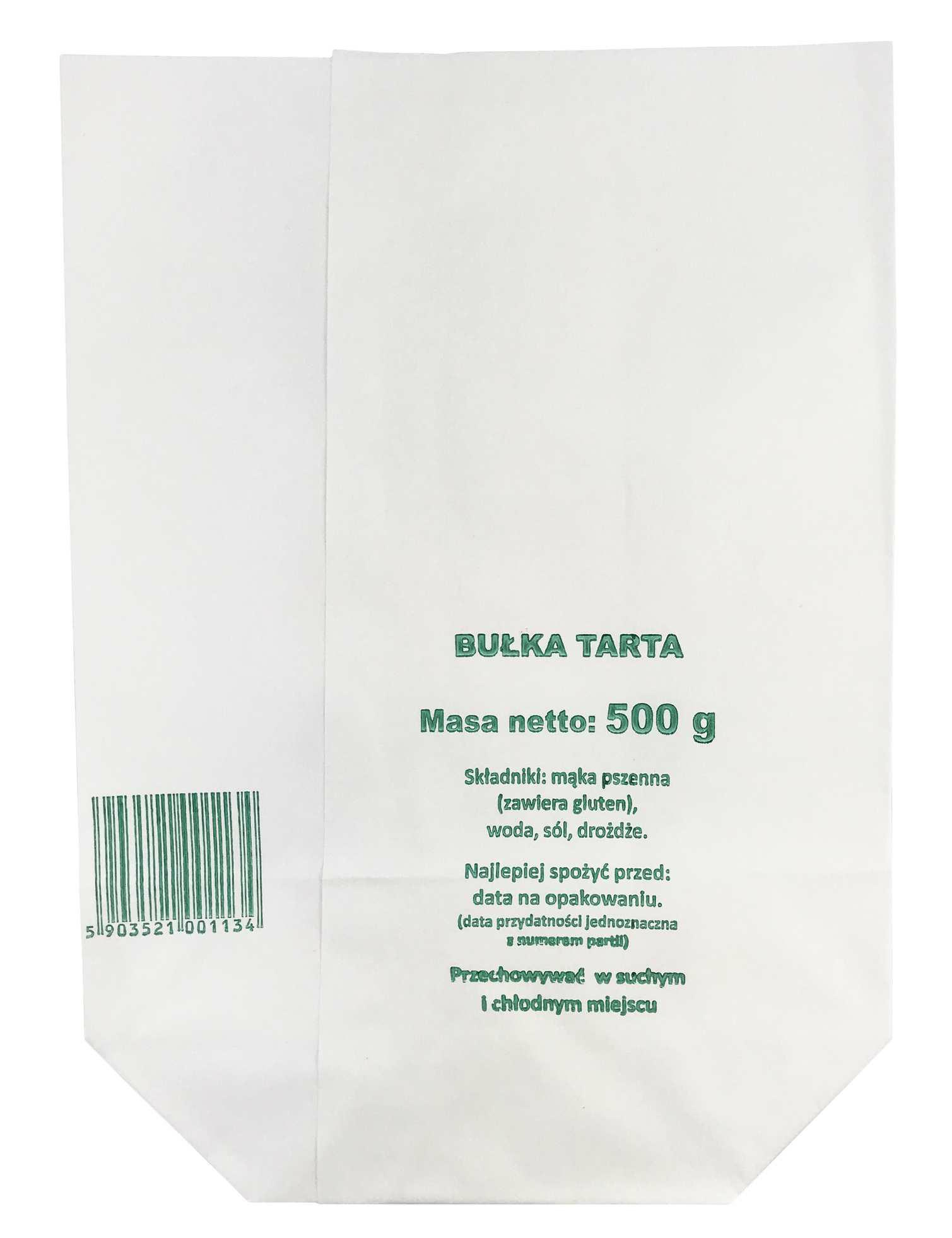 Torebki papierowe BUŁKA TARTA 0,5KG 10kg Biała z atestem Papierowe torebki z nadrukiem "Bułka tarta", to idealne rozwiązanie w handlu i przemyśle piekarniczym. Produkt bardzo estetyczny, wykonany z białego papieru, torebki z przeznaczeniem do pakowania bułki tartej. Opakowania posiadają atest do kontaktu z ż...