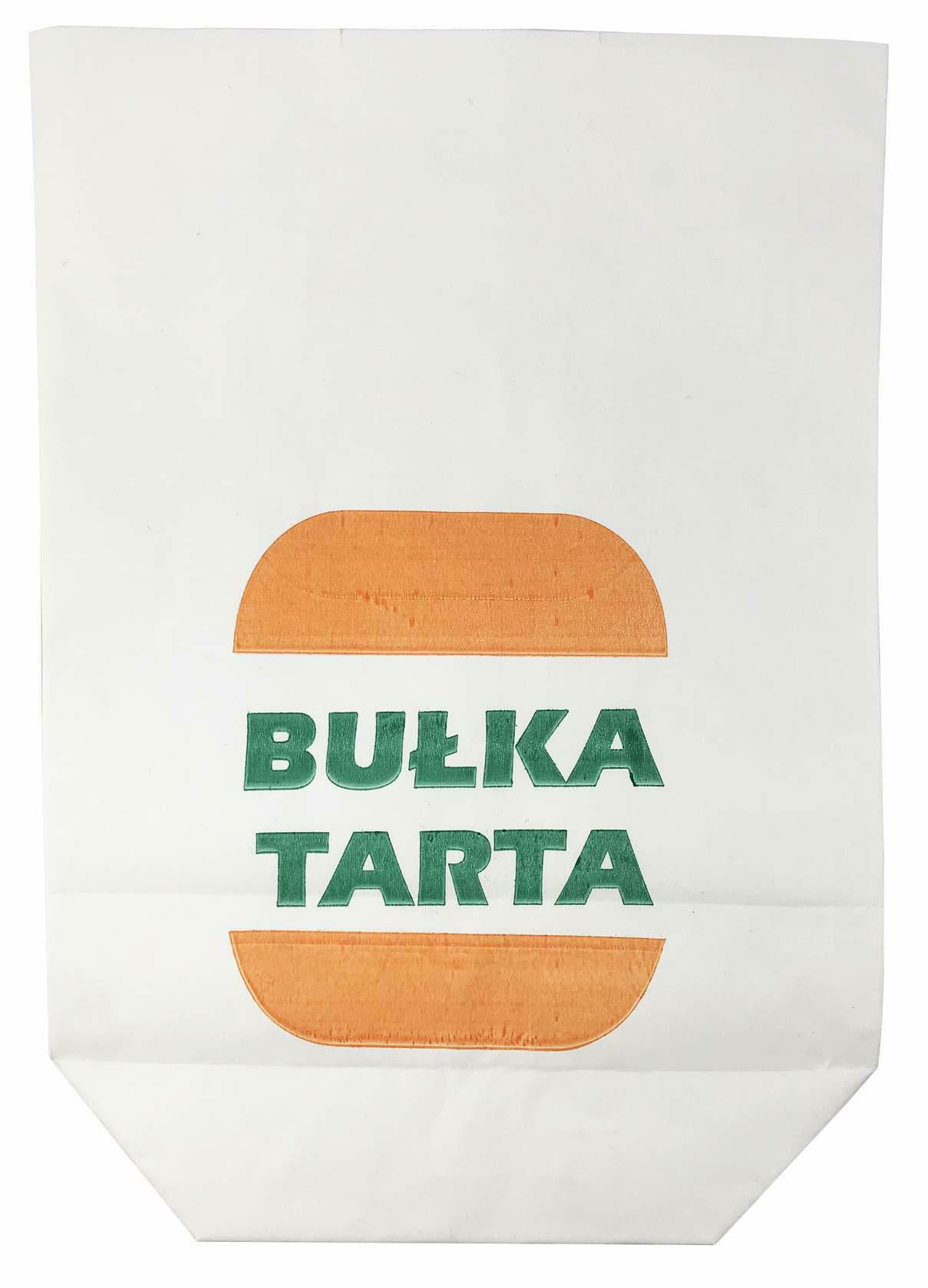 Papierowa torebka Bułka Tarta biała z nadrukiem do pakowania piekarniczego.