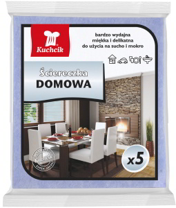 Ścierka domowa Kuchcik 5 szt Domowa ścierka uniwersalna do użycia na mokro i sucho. Nadaje się do wycierania kurzu i innego brudu z różnych powierzchni. Cechy ściereczki:
*Czyści szybko i skutecznie
*Jest miękka i delikatna
*łatwa do spłukiwania
*Wyjątkow...