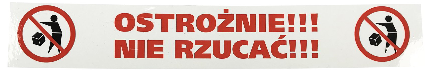 Taśma pakowa magazynowa 48x54m z nadrukiem OSTROŻNIE NIE RZUCAĆ, biała z czerwonymi symbolami i napisem.