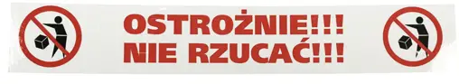 Taśma pakowa magazynowa 48x54m z nadrukiem OSTROŻNIE NIE RZUCAĆ, biała z czerwonymi symbolami i napisem.