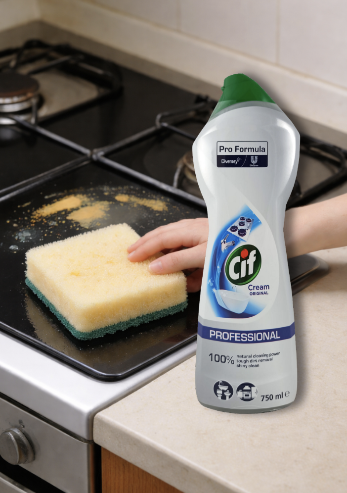 Mleczko czyszczące Cif Cream Professional w użyciu przy czyszczeniu zabrudzanego pieca kuchennego.