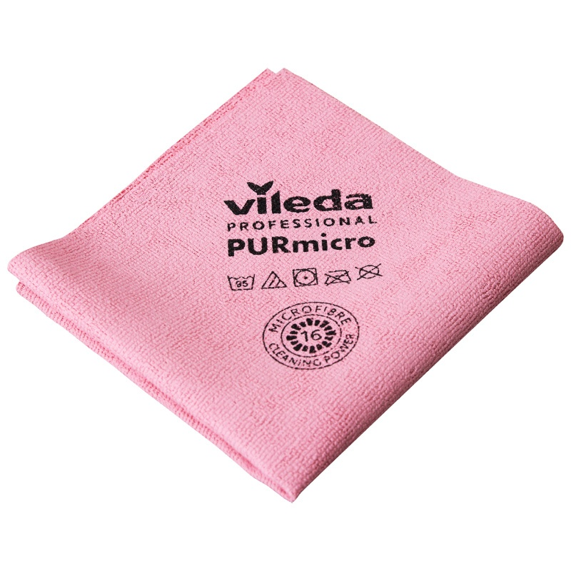 Ścierka Vileda PURmicro z mikrofibry w kolorze różowym, rozmiar 38x35 cm, na białym tle.