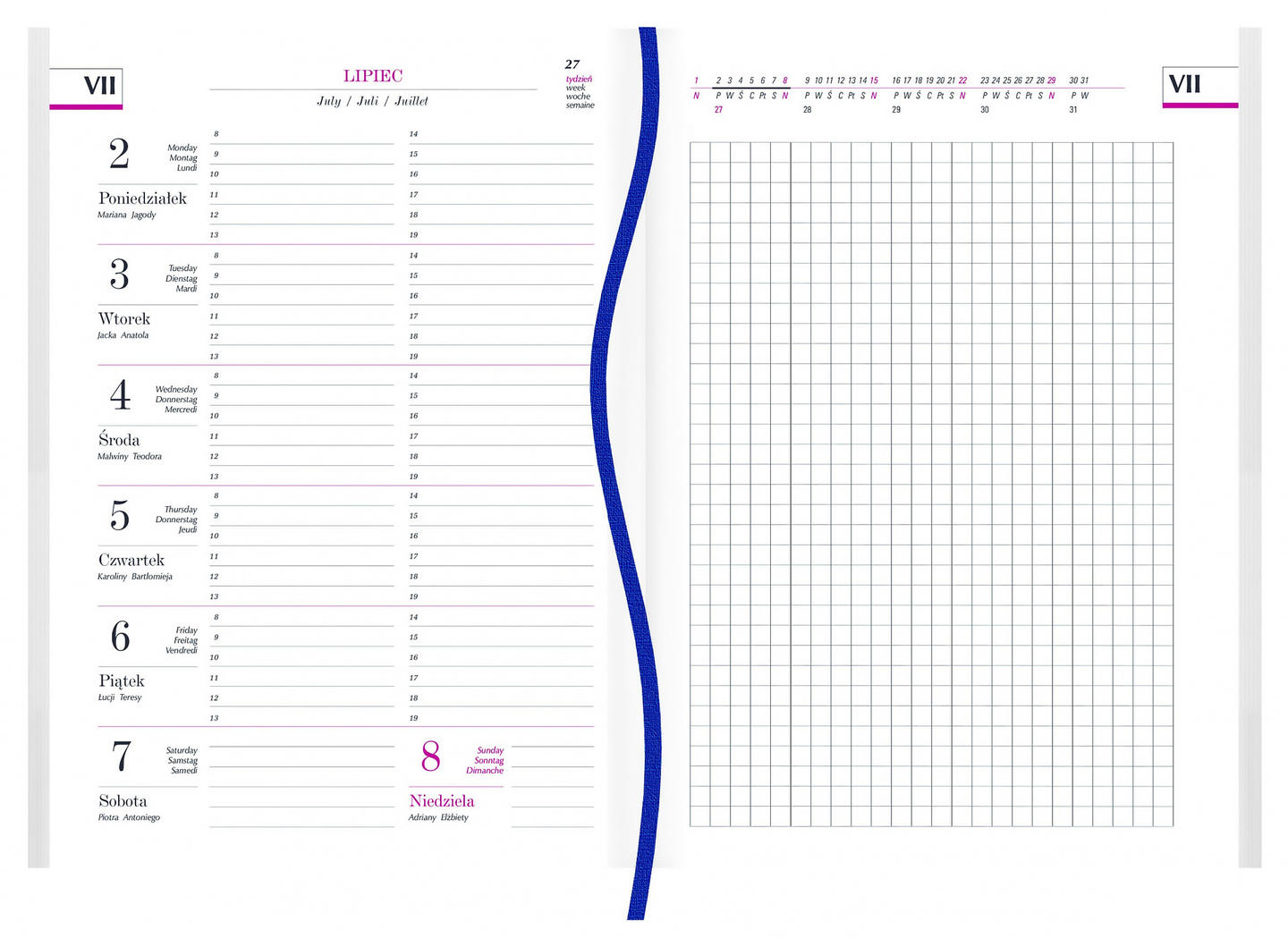 *ilość stron: 144,
   *offset 70g/m2 biały,
   *zintegrowana barwna okładka foliowana,
   *jedna tasiemka.