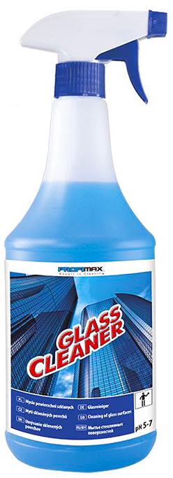 Płyn do szyb Glass Cleaner 1L Lakma Profimax w butelce z rozpylaczem, niebieskim trigger i białą etykietą