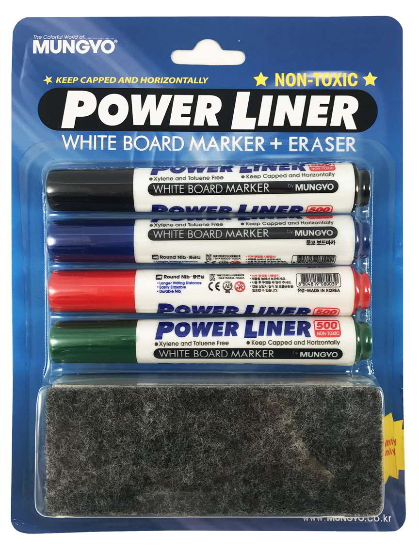 Markery do tablic Power Liner Mungyo 4 kolory czarny niebieski czerwony zielony z gumką do czyszczenia