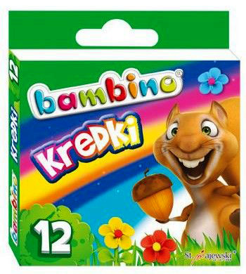 Kredki Świecowe 12 koloryBambino Kredki świecowe Bambino 12 kolorów w opakowaniu z kolorową grafiką i postacią zwierzęcia.