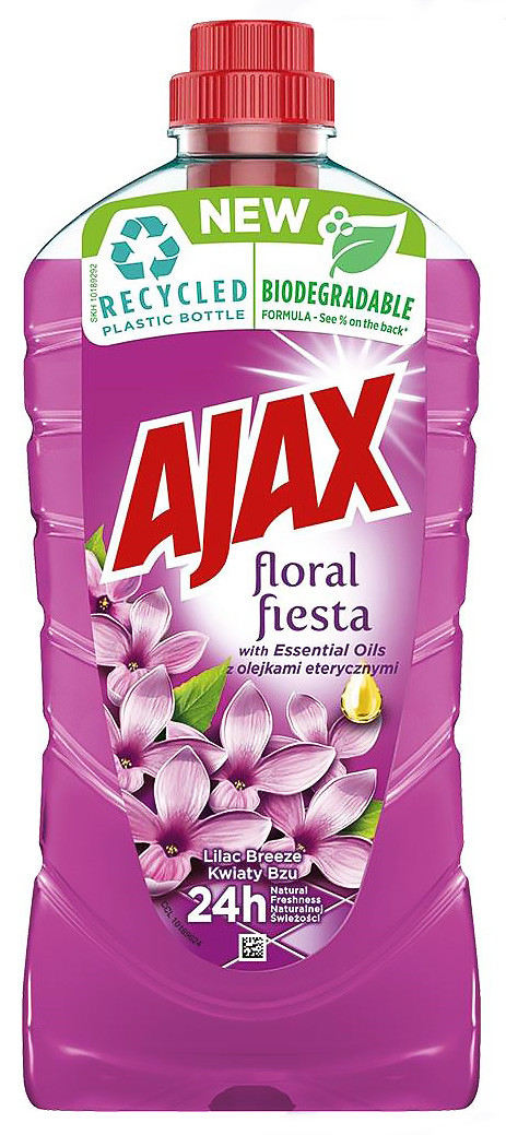 AJAX Płyn uniwersalny 1L KWIAT BZUFLORAL FIESTA LILAC BREEZE Płyn AJAX to uniwersalny środek czyszczący, który możesz bezpiecznie stosować do każdej powierzchni. Na trudne zabrudzenia można użyć płynu bezpośrednio z butelki, a do mycia podłogi wydajnie rozcieńczyć. Niewidoczna warstwa ochronna zapobiega przed os...