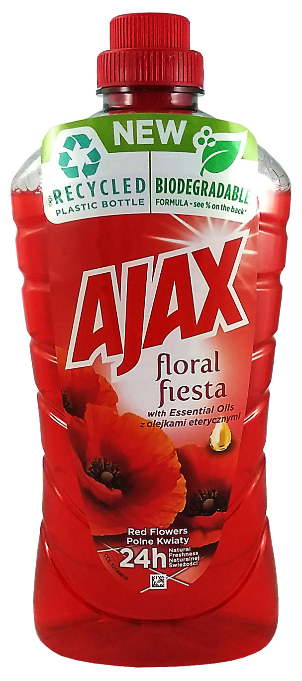AJAX Płyn uniwersalny 1L POLNE KWIATY FLORAL FIESTA RED FLOWERS Płyn AJAX to uniwersalny środek czyszczący, który możesz bezpiecznie stosować do każdej powierzchni. Na trudne zabrudzenia można użyć płynu bezpośrednio z butelki, a do mycia podłogi wydajnie rozcieńczyć. Niewidoczna warstwa ochronna zapobiega przed os...