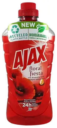 AJAX Płyn uniwersalny 1L POLNE KWIATY FLORAL FIESTA RED FLOWERS Płyn AJAX to uniwersalny środek czyszczący, który możesz bezpiecznie stosować do każdej powierzchni. Na trudne zabrudzenia można użyć płynu bezpośrednio z butelki, a do mycia podłogi wydajnie rozcieńczyć. Niewidoczna warstwa ochronna zapobiega przed os...