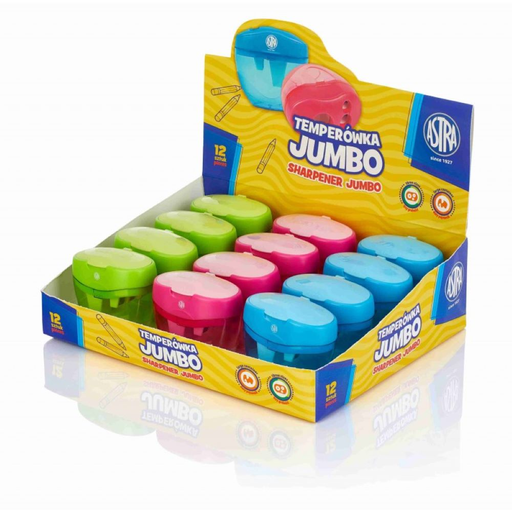 Temperówka Jumbo ASTRA 3 otwory z pojemnikiem, zielona, różowa i niebieska, opakowanie zbiorcze 12 sztuk.
