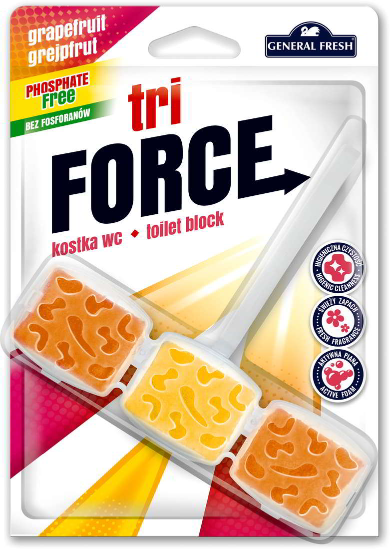 Kostka WC General Fresh Tri Force grejpfrut 45g, bez fosforanów, w opakowaniu blister z trzema koskami.