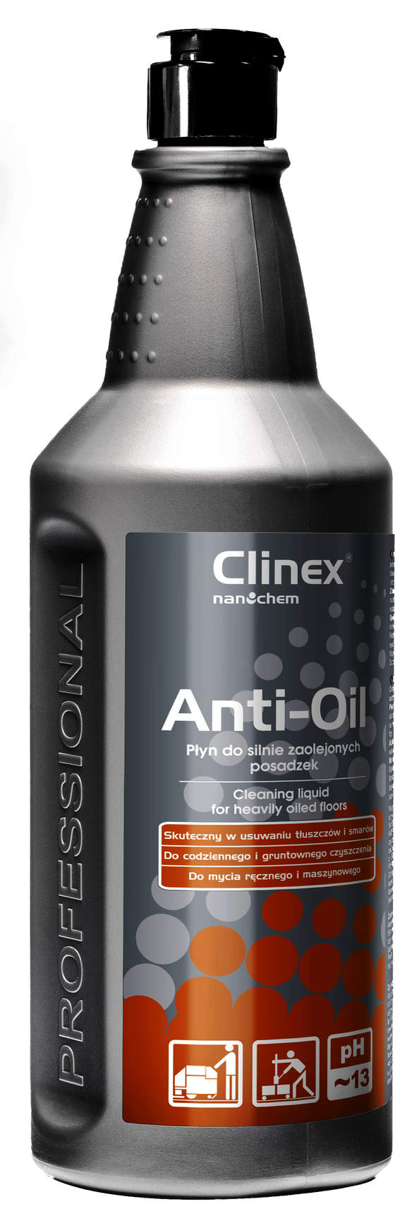 Clinex Anti-Oil płyn do silnie zaolejonych posadzek 1L w czarnej butelce z pompką