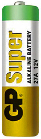 Bateria GP 27A 12V alkaliczna w opakowaniu z zielono-białą i żółto-czarną etykietą