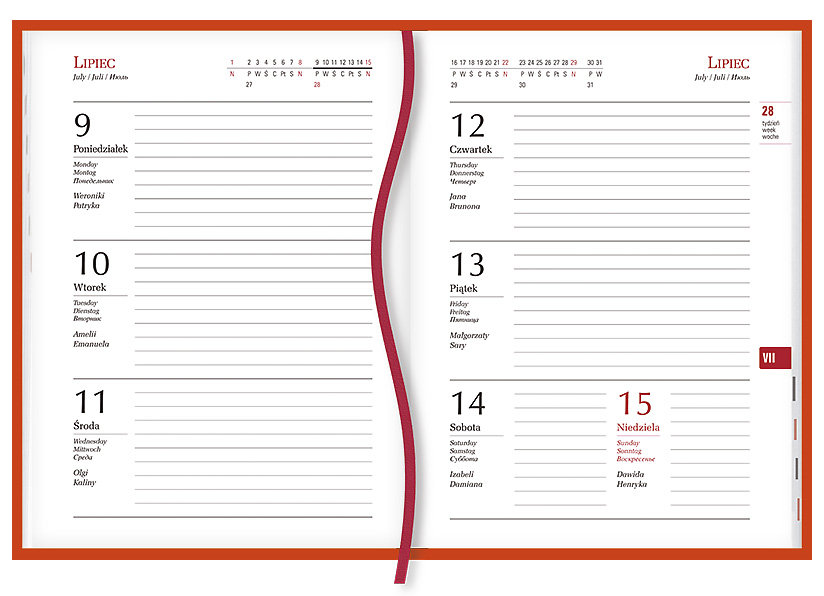 *układ kalendarium: 1 tydzień - 2 strony,
   *ilość stron: 144,
   *rodzaj papieru: offset 70 g/m2 biały,
   *jedna tasiemka,
   *miejsce na dane adresowe i teleadresowe. Kalendarz skrócony na rok,
   *numery kierunkowe wybranych miast Polski oraz...