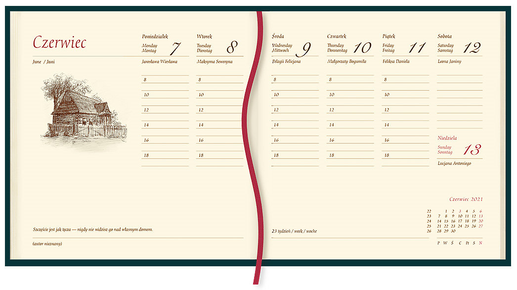 Kalendarz Terminarz Nastroje
   *format:140x140mm
   *rodzaj papieru: offset 70g/m2 kremowy
   *układ kalendarium: 1 tydzień - 2 strony
   *ilość stron: 144
   *druk: 2 kolory
   *oprawa: twarda, okładka barwna foliowana,
   *jedna tasiemka.