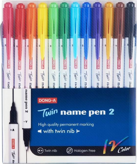 Komplet 12 pisaków permanentnych dwustronnych DONG-A Twin name pen 2 w różnych kolorach z cienką i grubą końcówką