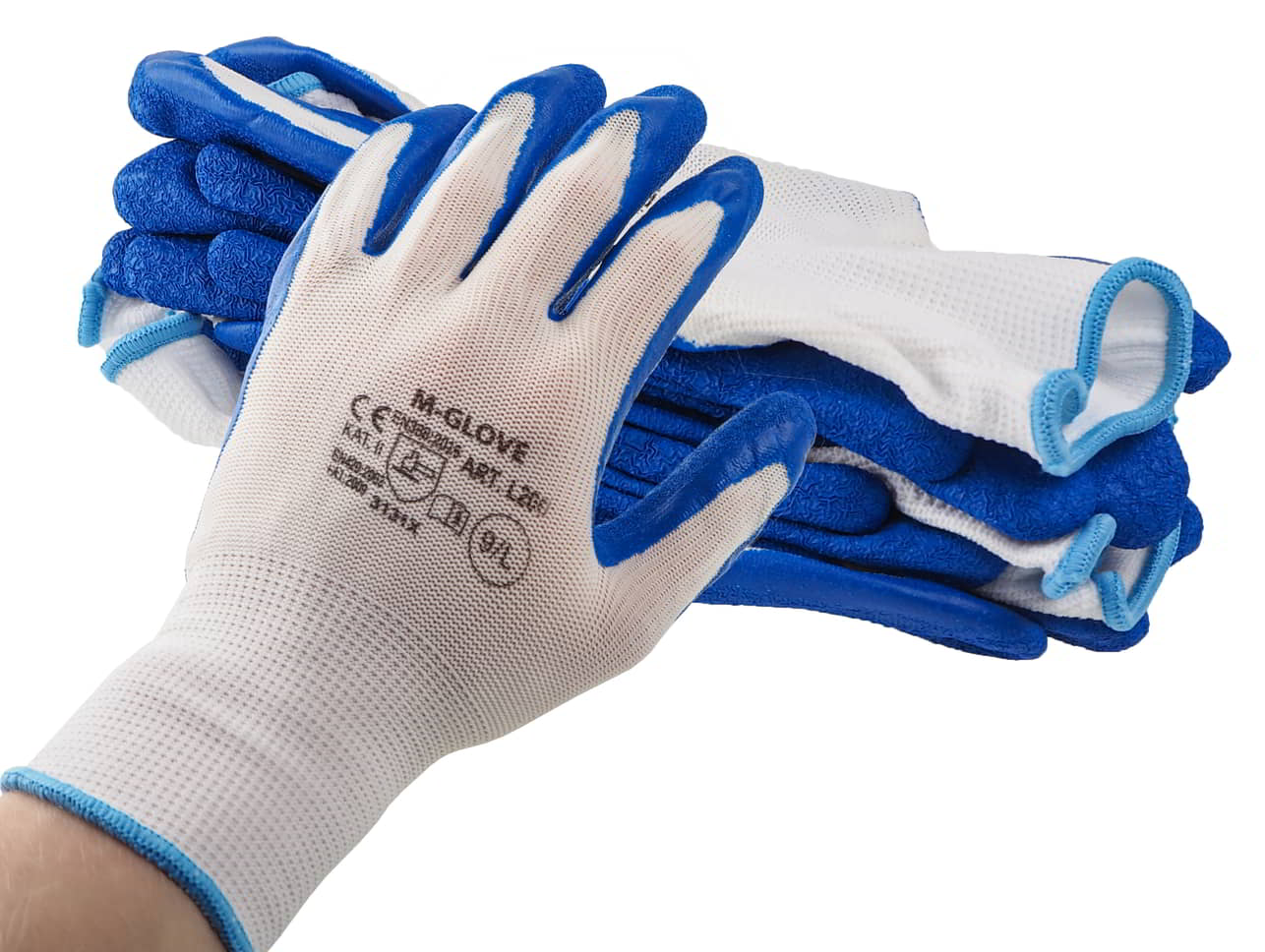 Rękawice ochronne wykonane z białej dzianiny poliestrowej, powlekane miękkim, odpornym na ścieranie lateksem w kolorze niebieskim. Struktura gumy zapewnia wyśmienitą zręczność i bardzo dobrą przyczepność.

Rozmiar: L/9