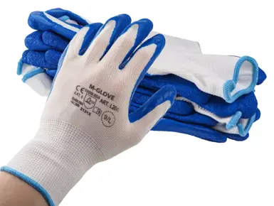 Rękawice ochronne wykonane z białej dzianiny poliestrowej, powlekane miękkim, odpornym na ścieranie lateksem w kolorze niebieskim. Struktura gumy zapewnia wyśmienitą zręczność i bardzo dobrą przyczepność.

Rozmiar: L/9