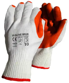 Rękawice ochronne BRUK 1 para 10/XL z dzianiny bawełnianej powlekane lateksem Rękawice ochronne BRUK rozmiar XL z dzianiny bawełnianej powlekane lateksem, białe z czerwonymi dłońmi, 1 para.