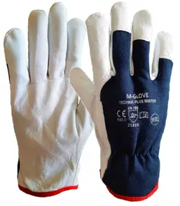 Rękawice ochronne ocieplane wykonane z elastycznej dzianiny wzmacniane skórą kozią, całodłonnicowe. Przy nadgarstku gumka ściągająca. Posiadają wzmocnione skórą końcówki palców i palec wskazujący. Idealne do prac w niskich temperaturach, stosowane w ma...