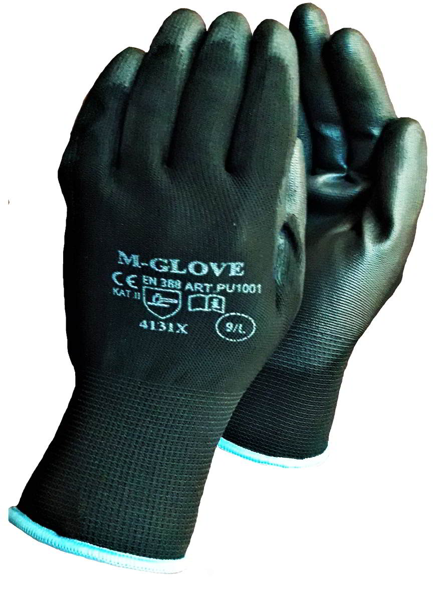 Rękawice ochronne M-GLOVE czarne z dzianiny poliestrowej powlekane poliuretanem, rozmiar M, 1 para.