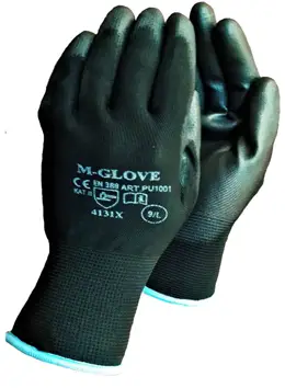 Rękawice ochronne M-GLOVE czarne z dzianiny poliestrowej powlekane poliuretanem, rozmiar M, 1 para.