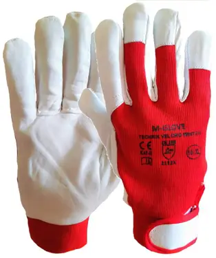 Rękawice ochronne ocieplane wykonane z elastycznej dzianiny wzmacniane skórą kozią, całodłonnicowe. Przy nadgarstku gumka ściągająca. Posiadają wzmocnione skórą końcówki palców i palec wskazujący. Idealne do prac w niskich temperaturach, stosowane w ma...