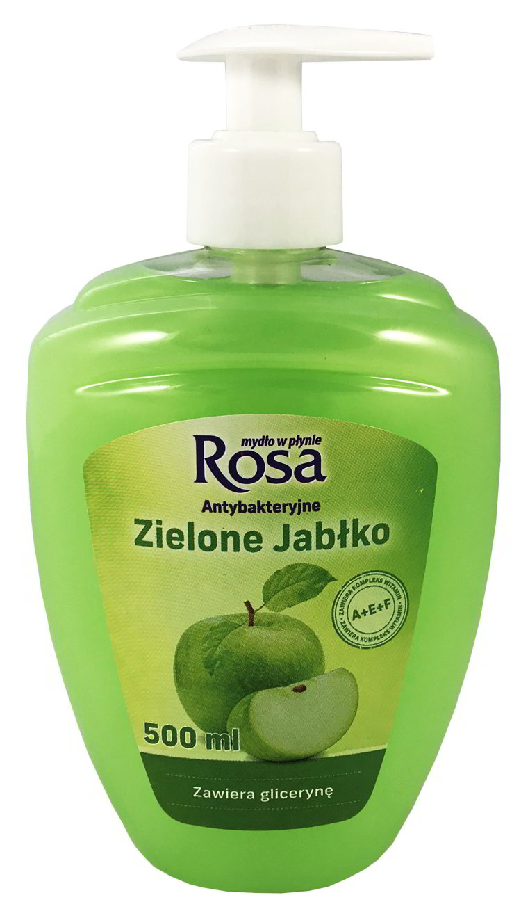 Mydło w płynie Rosa antybakteryjne zielone jabłuszko 500ml z pompką, zawiera glicerynę.