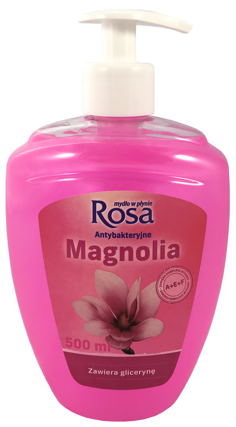 Mydło w płynie do rąk Rosa Magnolia różowe 0,5L z pompką, zawiera glicerynę i witaminy A+E+F.