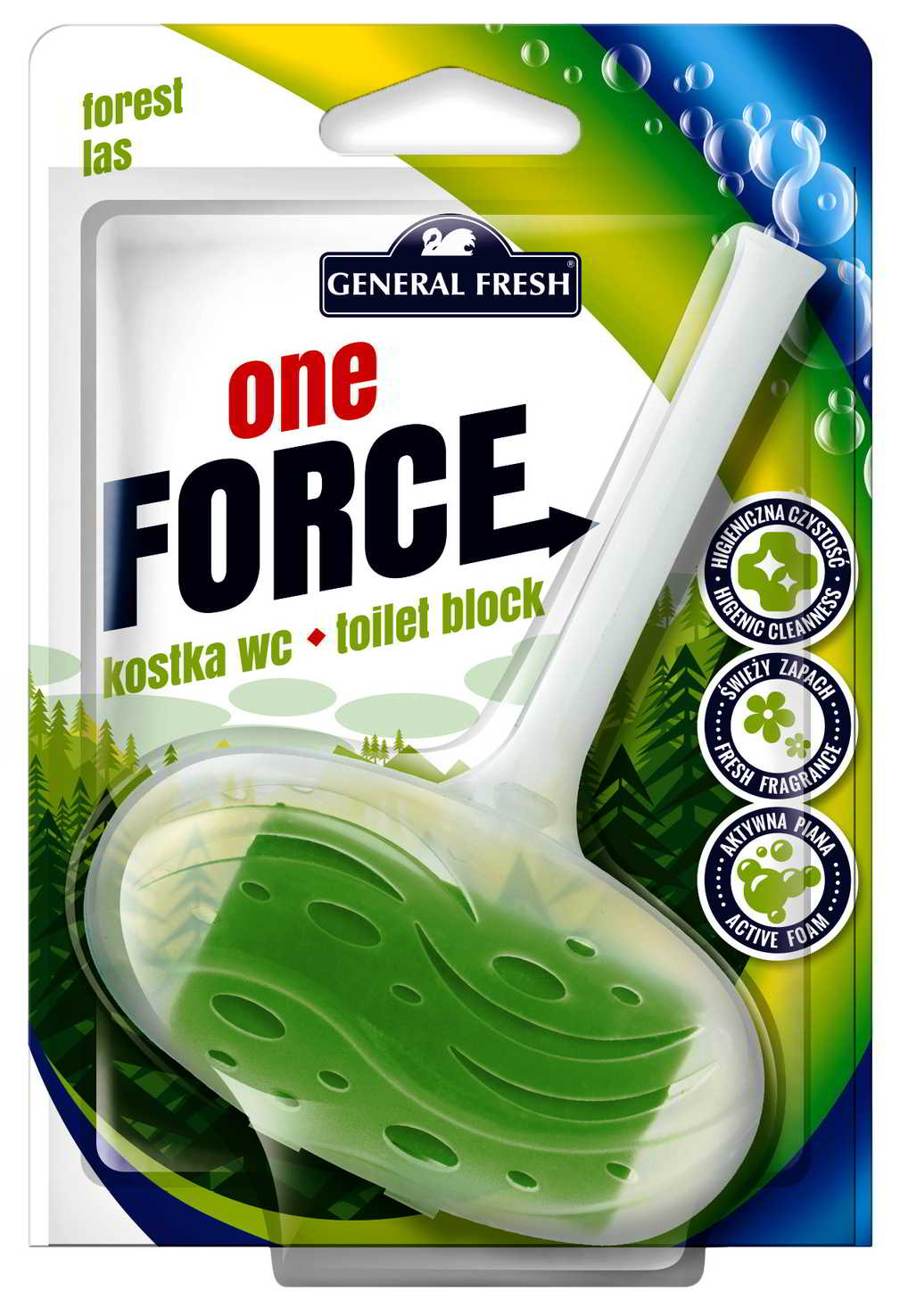 Kostka WC General Fresh ONE FORCE 40g leśna w opakowaniu z widoczną zieloną kostką w muszli klozetowej.