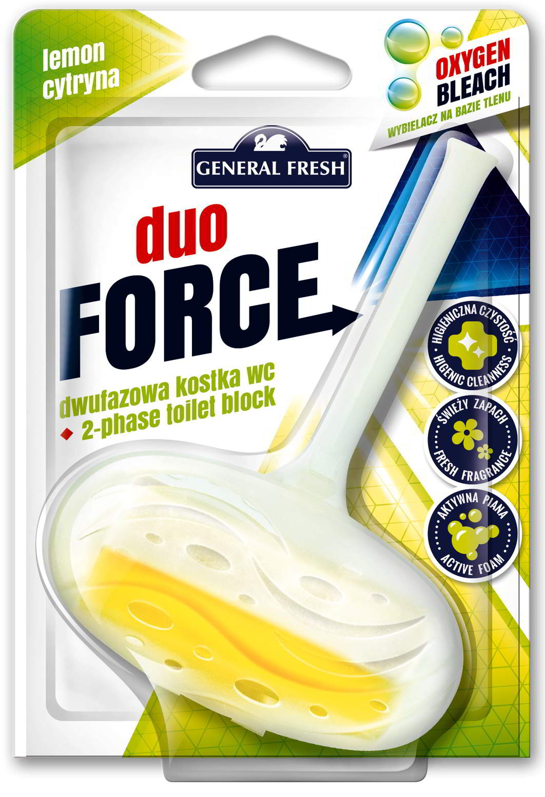 Kostka WC General Fresh DUO FORCE 40g CYTRYNOWY Specjalnie dobrane składniki dwufazowej kostki czyszczącej do WC, myją muszlę klozetową oraz zapobiegają osadzaniu się kamienia. Ponadto przy każdorazowym spłukiwaniu odświeżają i tworzą obfitą pianę.
*Waga: 40g
*Zapach: cytrynowy
